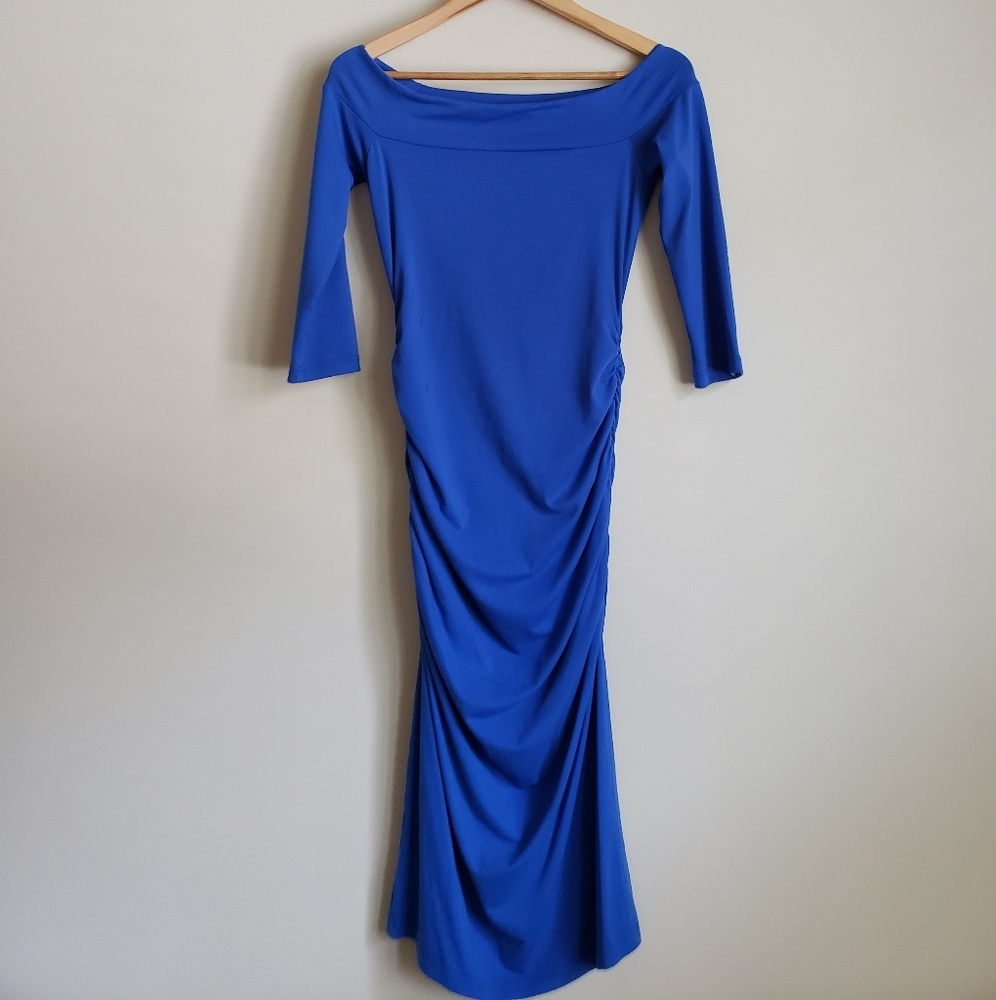 Susana Monaco 3/4 Sleeve Fitted Boat Neck Gathered Size Small Blue